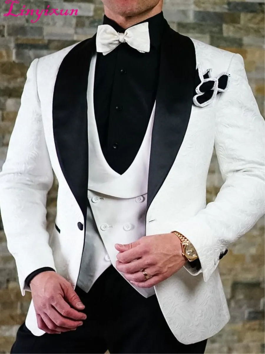 

Linyixun Luxury Shawl Lapel men suit set Custom made White slim fit Three Pieces Wedding Suits Men Prom Tuxedo Red/Black/Blue