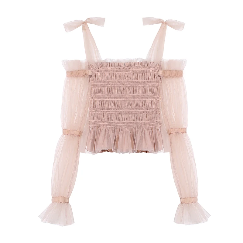 

Women Mesh Off Shoulder Tops Sweet Pink Chiffon Blouse Ropa De Mujer 2021 Spring Korean Ladies Long Sleeve Women Shirts 10849