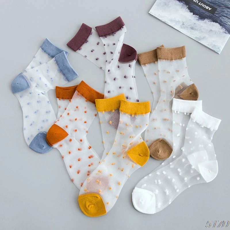 

Women Transparent Glass Fiber Ankle Socks Cute Polka Dot Thin Mid Tube Hosiery New 2021