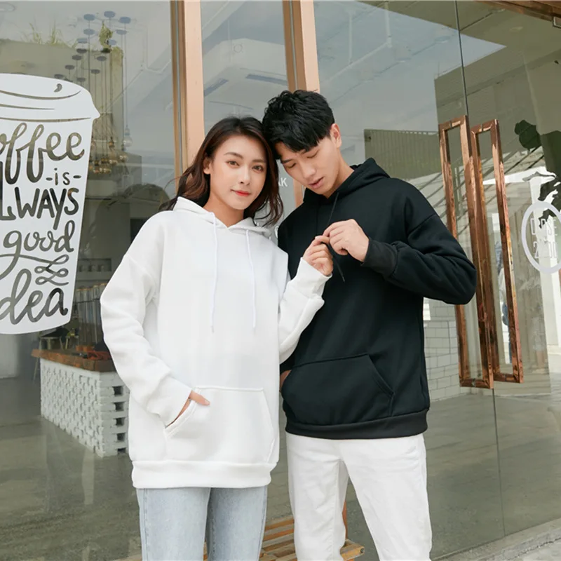 

Men's and Women's Sweater Plus Velvet Korean Hoodies Women Long Sleeve Solid Color Sweatshirt Women Loose Version Pink Tops