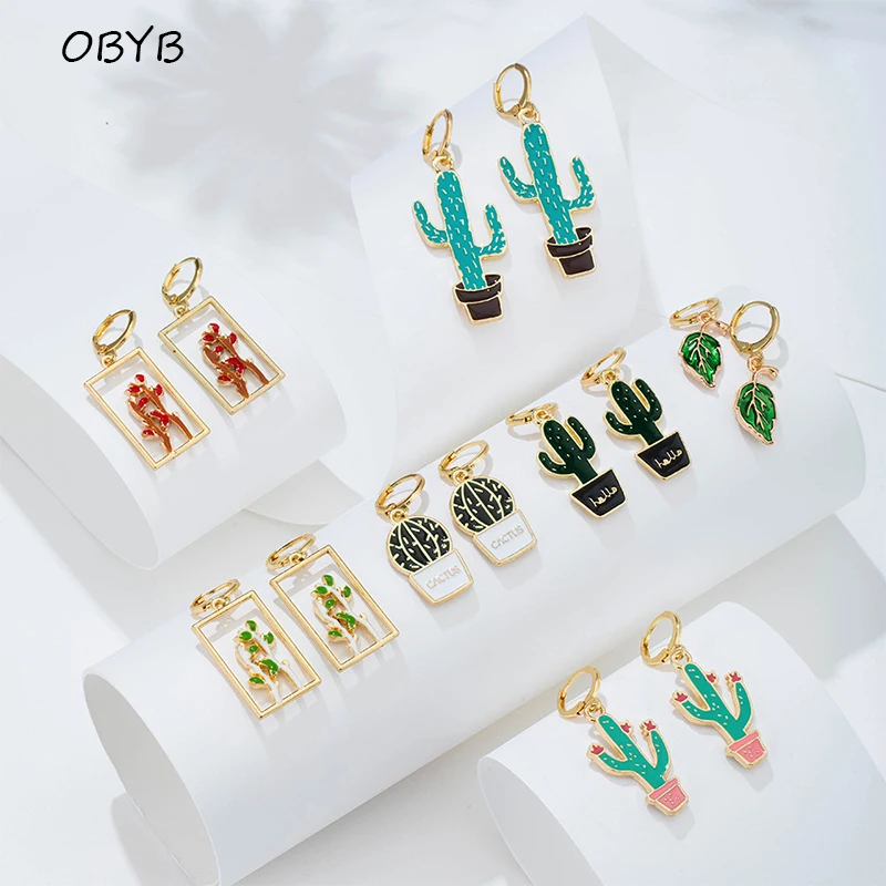 

New Creativity Fashion Retro Geometric Plant Earrings for Women Alloy Drip Oil Personality Cactus Earrings for Jewelry Wholesale