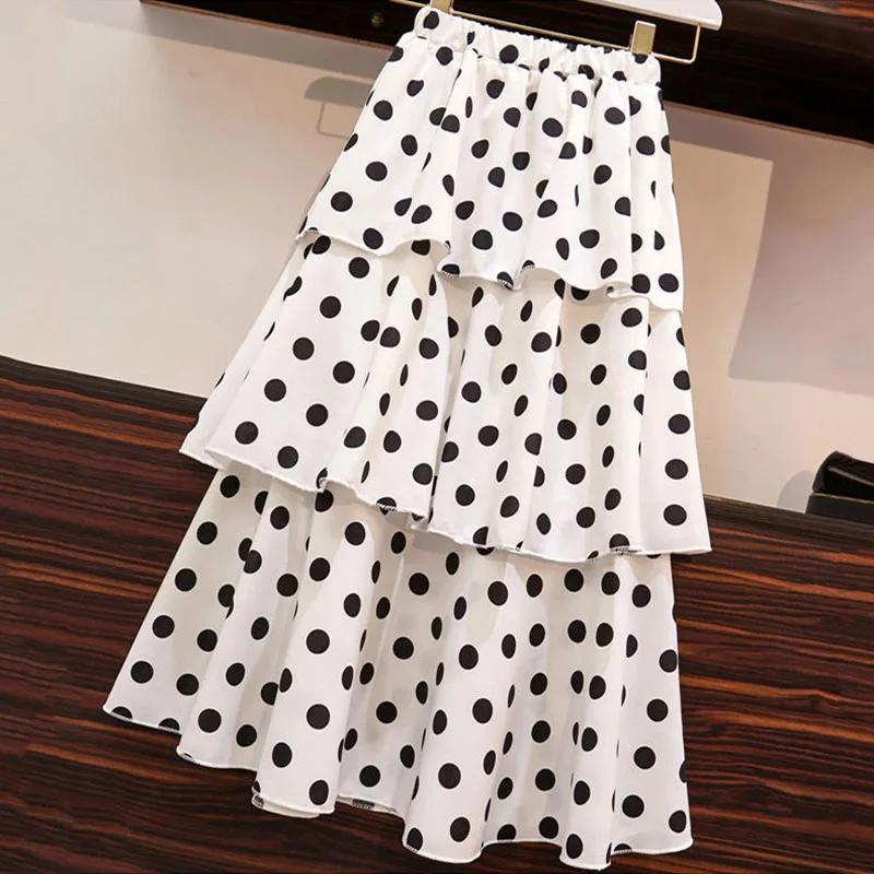 Женская плиссированная юбка миди многослойная в белый горошек с цветочным