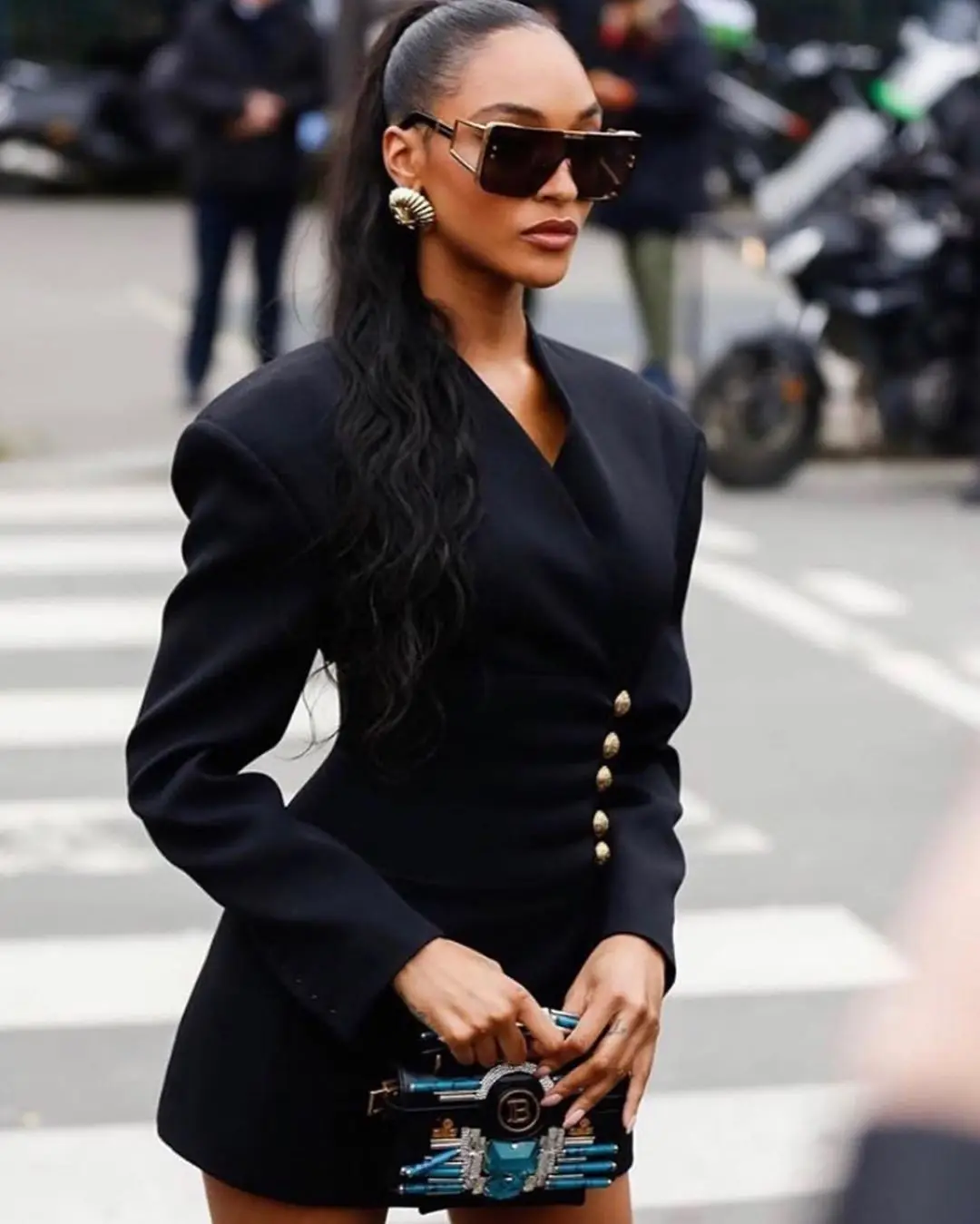 

Elegant Ladies Black Deep V Neck Long Sleeves With Buttons High Street Each Matching Bandage Evening Dress