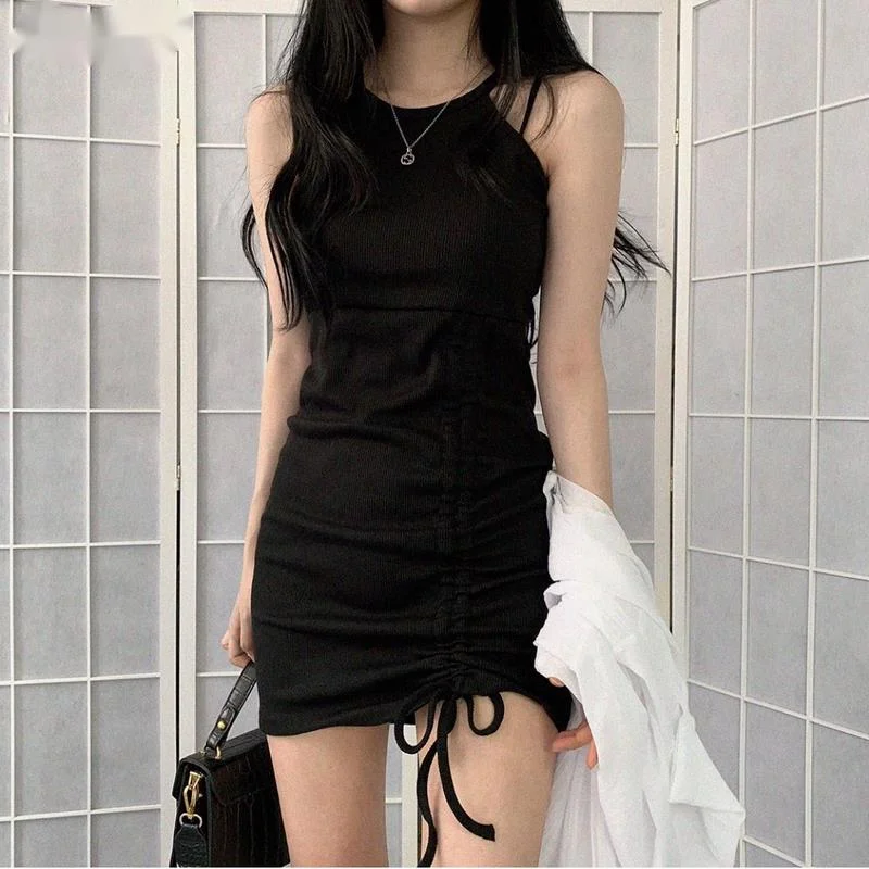 

Hot Girl Wears A Drawstring To Look Thin Suspender Skirt Summer Small Halter Neck Sexy Temperament Dress Black Skirt Female