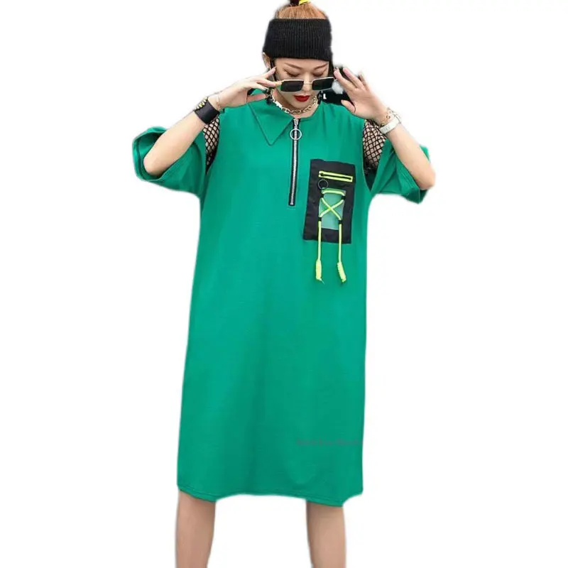 

XITAO Irregular Collar Dress Fashion Hollow Out Short Sleeve Splicing Zippers Bandage Dress Drawstring 2021 Summer New LDD1243