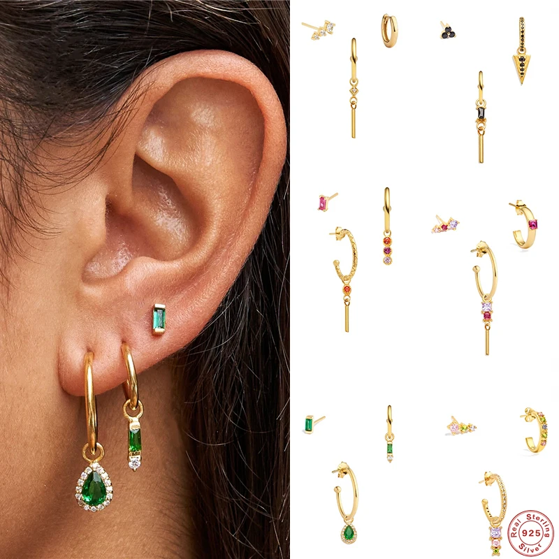 CANNER-Conjunto de pendientes de boda multicolor para mujer, aretes de tuerca de Color dorado y Plata de Ley 925, Piercing para cartílago, 3 piezas