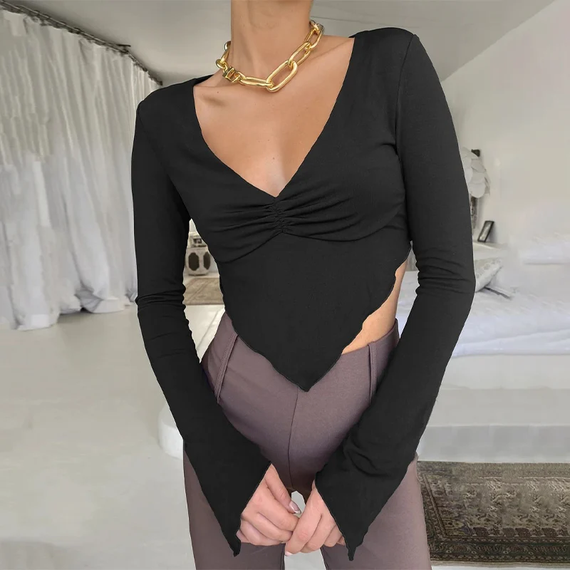 

V-neck Floral Print Long Sleeve Tops Women Slim Vintage Pullover Sexy Streetwear Ladies Shining Crop Top Skinny Summer Fashion