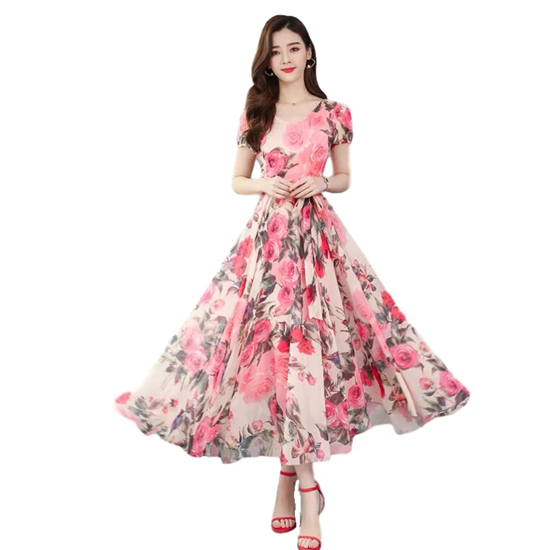 Женское шифоновое платье с коротким рукавом длинное пляжное круглым вырезом и