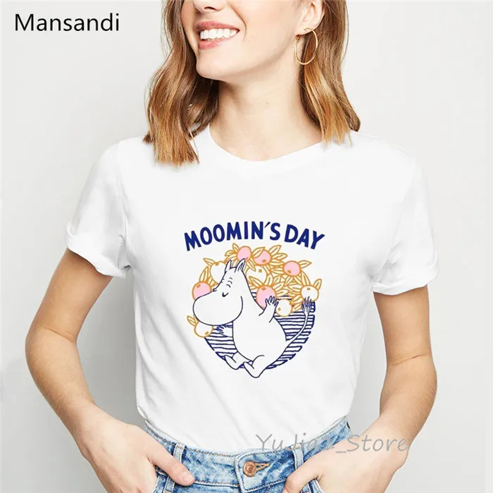 Moomins, футболка с надписью на день, футболки с графическим принтом, женские модные Забавные футболки, Женская Футболка harajuku tumblr, топы, футболка femme - Цвет: Y72818