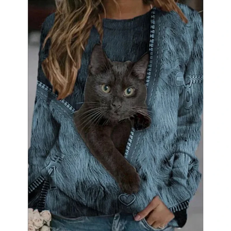 

2021 Autumn Winter Women's Clothing European And American Fashion Zipper Cartoon Cat Print Casual Round Neck Long Sleeve T-Shirt