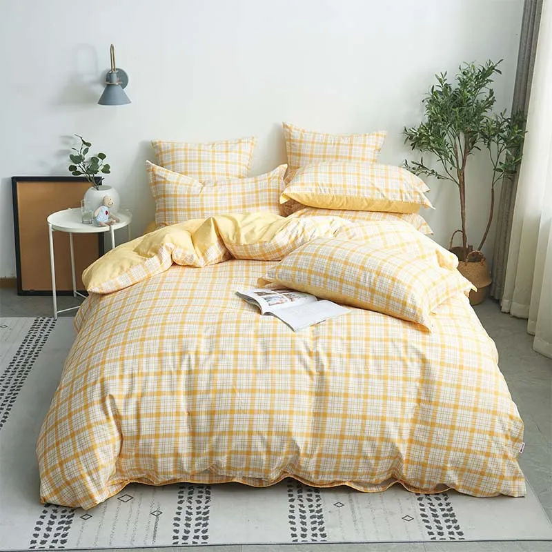 

100% Cotton Duvet Cover for Adults Bed Yellow Plaid Quilt Cover King Queen Size for Bedroom 229*230 Blanket Case