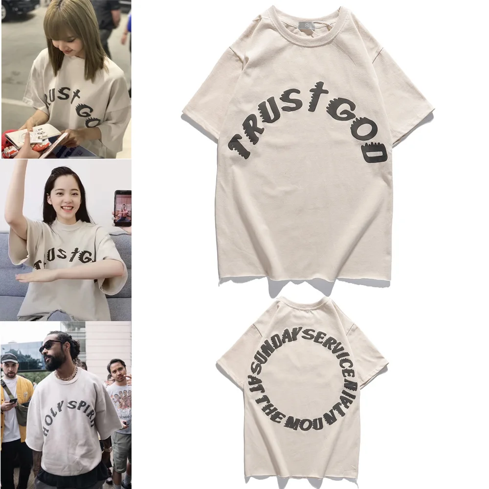 

High street loose kanye new concert limited TRUST GOD hip-hop short-sleeved men and women casual couple round neck loose T-shirt