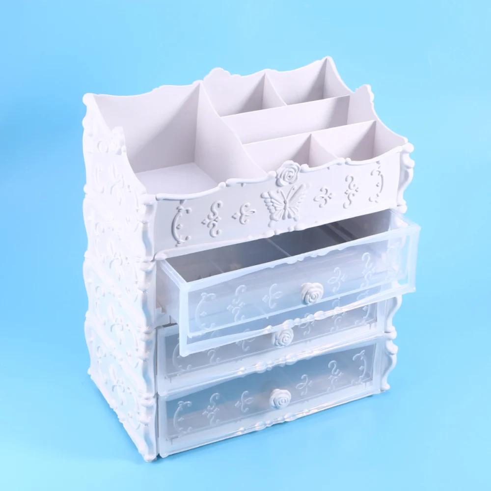 

3-Tier Multifunctional Saving Space Desktop Comestics Toiletry Organizer Makeup Storage Box with Drawers (White)