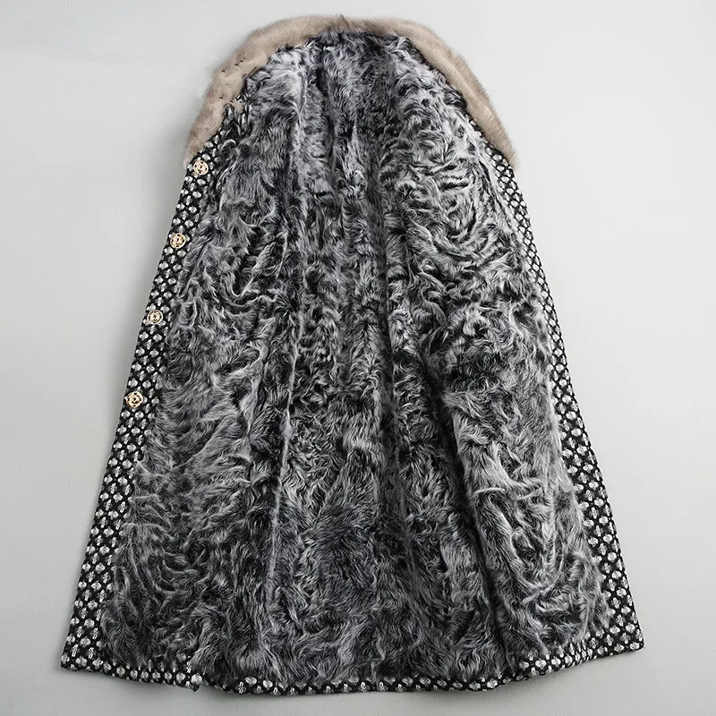 Роскошное пальто из меха ягненка женское твидовое с меховым воротником норки