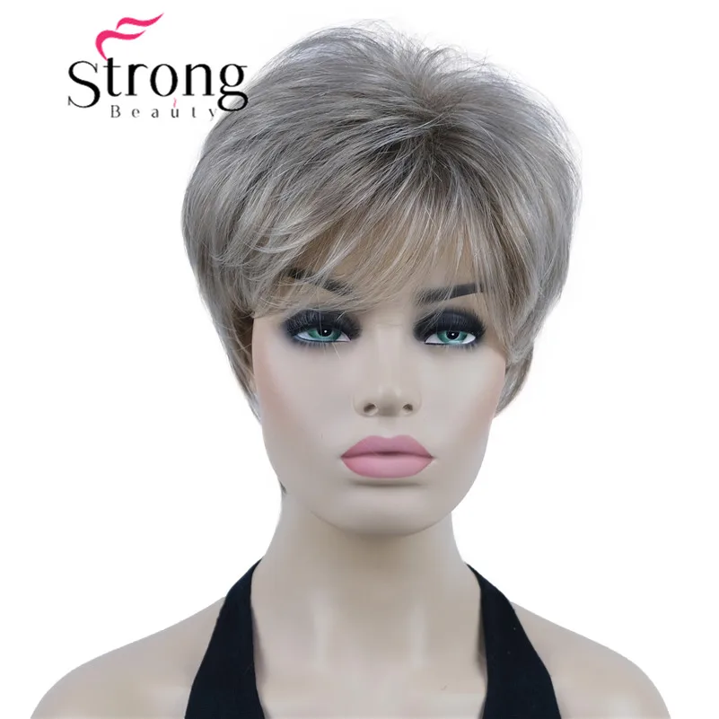 StrongBeauty-Peluca de pelo sintético para mujer, pelo corto en capas, color rubio o marrón, gorra clásica, opciones de color