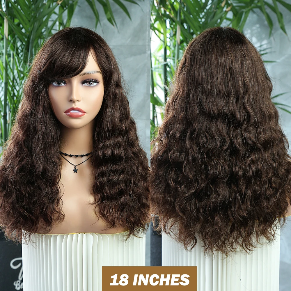 Wignee Natural Wave Human Hair Wigs With Bangs Glueless Full Machine Made No Lace Dark Brown Brazilian Remy Hair For Black Woman