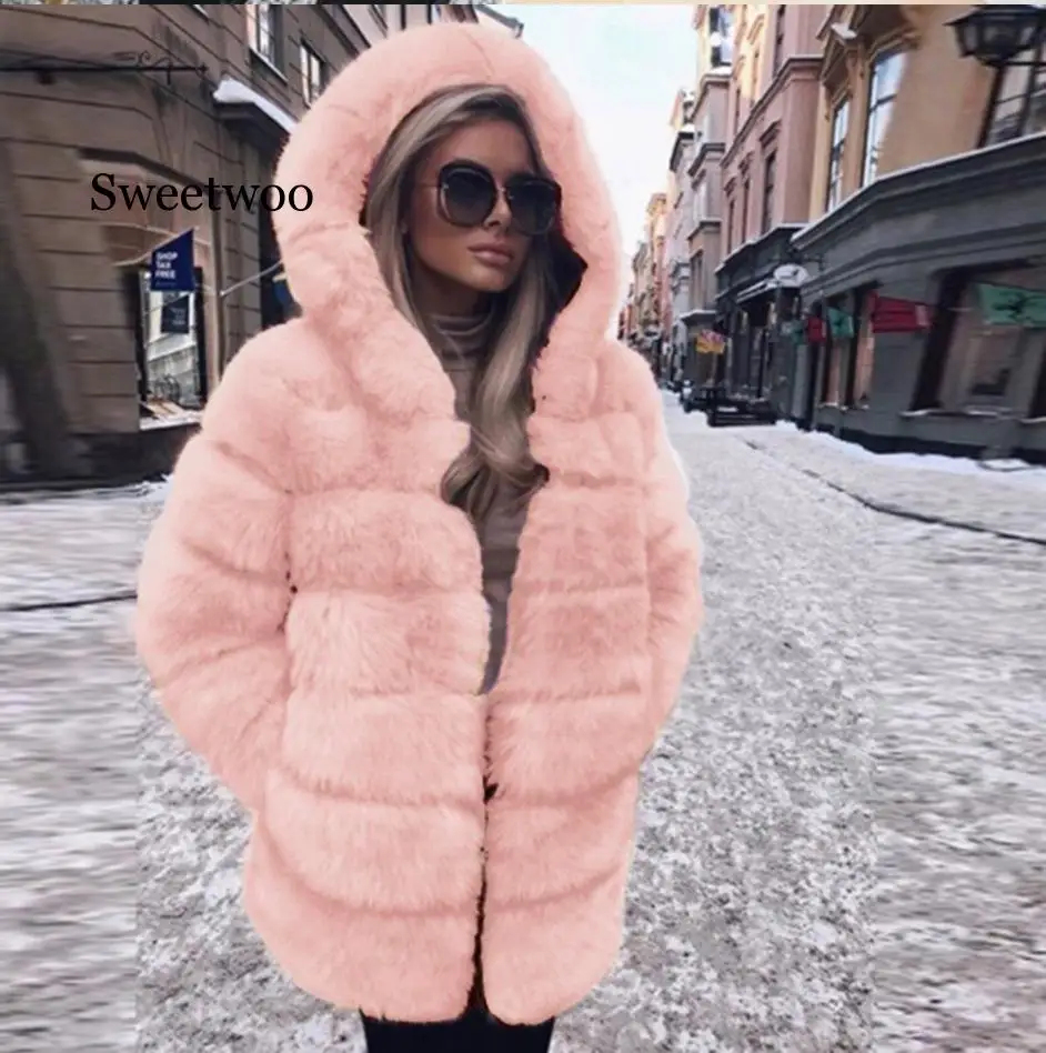 Women Fashion Luxury Faux Fur Coat Hooded Autumn Winter Warm Overcoat Woman Warm Fake Fur Solid color Coats Female Ladies