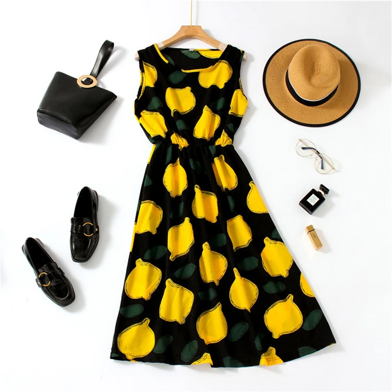 

Women Chiffon Beach Dress Female Elegant Peony Printed Dresses 2021 Spring Autumn New Fashion Loose Crew Neck Sleeveless Clothes