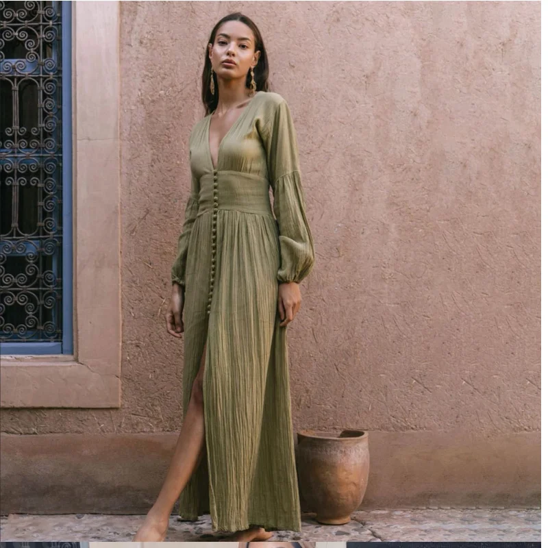 

New 2021 Summer Women's Dress V Collar Solid Color Folds Long Sleeve Ruffled Temperament Sexy Loose Vintage Female Split Dress