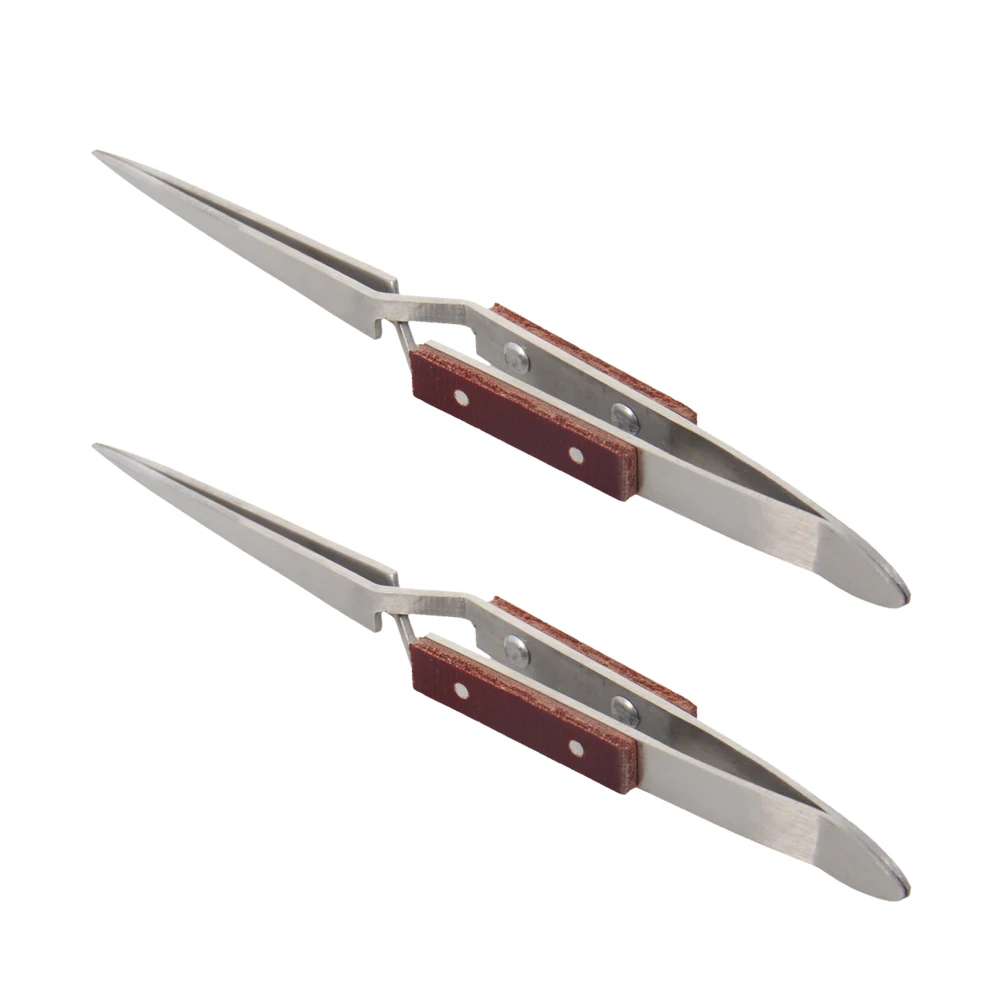

Utoolmart 1-2pcs/1set Stainless Steel Tweezers Curved/Straight Tip Bent Reverse Action With Cross Locking Wooden Handle Tweezers
