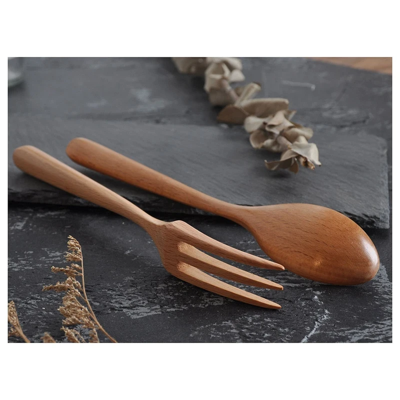 

6 Pcs Solid Wood Kitchen Tableware Dinnerware Flatware Healthy and Reusable Wooden Cutlery