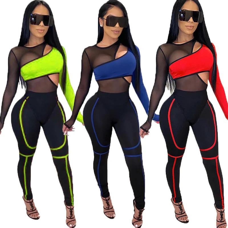 

Zoctuo 2 Piece Joggers Set Women Mesh Patchwork Tracksuit Outfits Sportswear Neon Clothing Matching Sets Jogging Female Clothes