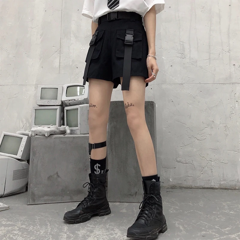 

Summer Women's Cargo Shorts with Belt 2021 Female Hip Hop High Street Loose Casual Shorts with Pockets Green Khaki Black Clothes
