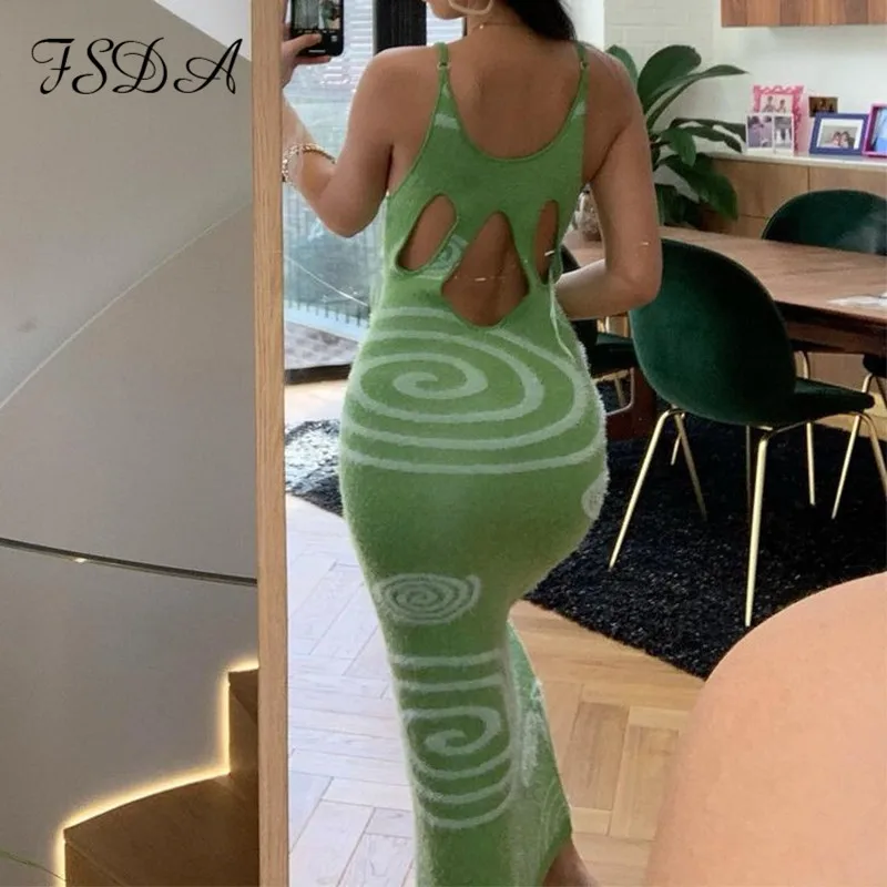 

2021 Print Knit Bodycon Jurk Vrouwen Groen Y2K Zomer Hollow Out Sexy Mouwloze Spaghetti Band Strand Midi Jurken Party