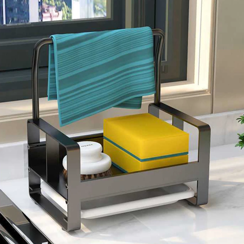 

Large Sponge Holder Kitchen Sink Caddy Rack Stand Cleaning Brush Soap Organizer Storage Rack with Drain Tray