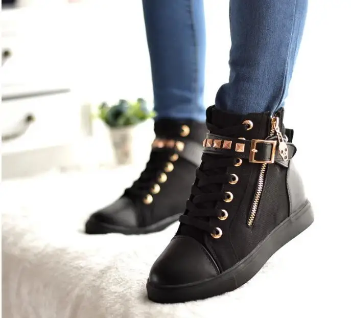 

High Cut Canvas Shoes Women Fashion Casual Spring and Autumn Flats Side Zipper Rivet Decor Pure Color Shoes