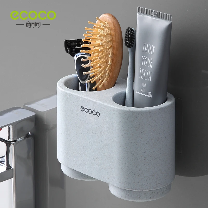 

ECOCO Couple 2 Cup Toothbrush Holder Wheat Straw Mouth Cup Toothpaste Storage Rack Wall Mounted Bathroom Accessories Sets