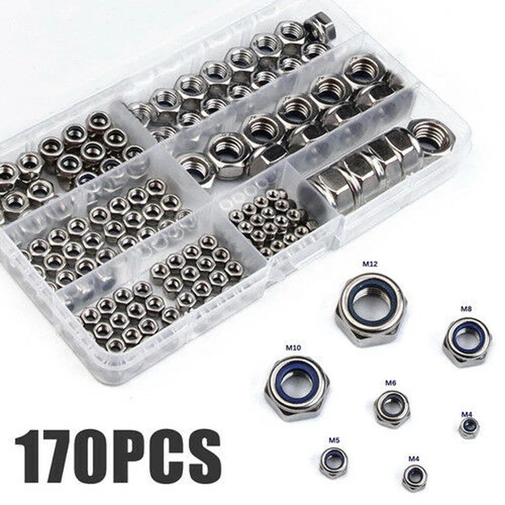 

170Pcs/kit Stainless Steel M3 M4 M5 M6 M8 M10 M12 Nylon Insert Locking Nuts
