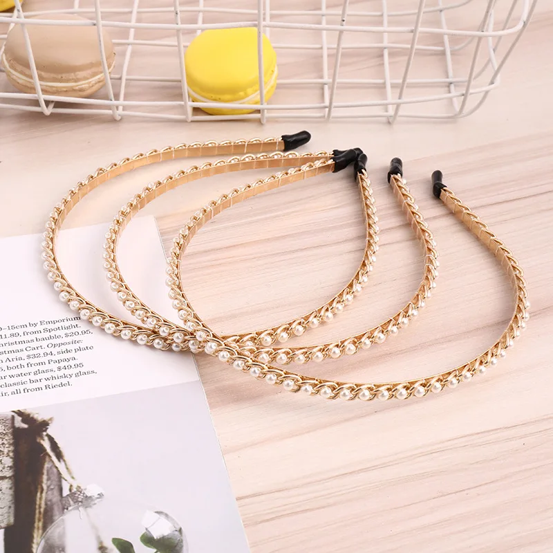 

Korean Style Lady Temperament Fine Edge Hair Hoop Diamond Pearl Crystal Head Loop Net Red Headband Accessories Wholesale