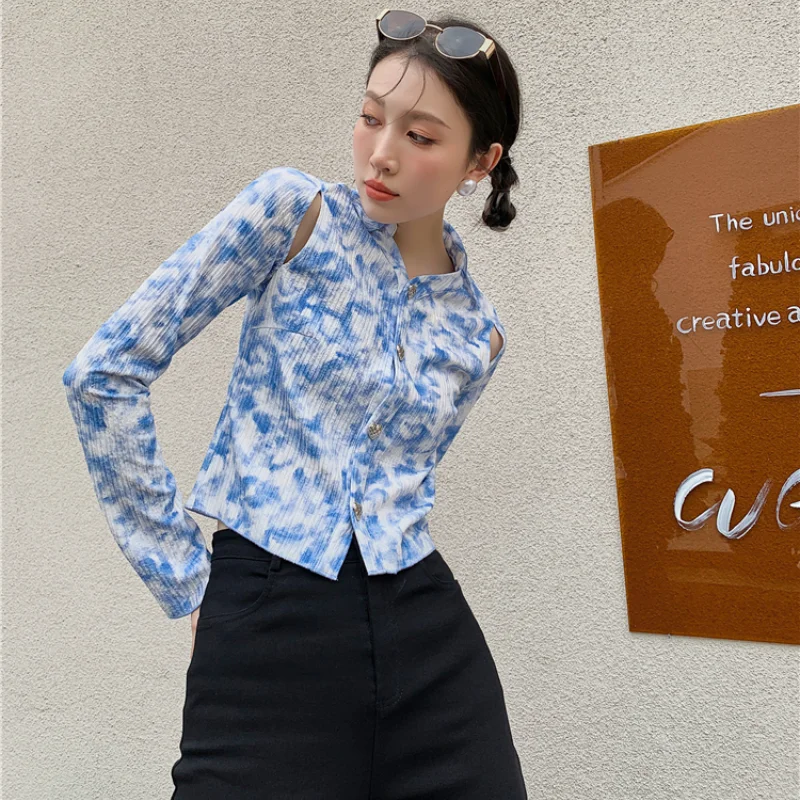 

Kimotimo Tie Dye Folds Shirt Women 2021 New Patchwork Strapless Slim Long Sleeve Hot Girls Tops Ins Fashion Design All-match Top