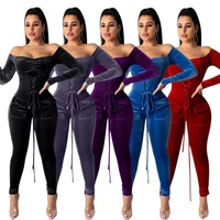 zoctuo velvet jumpsuit rompers elegant womens bandage overalls long sleeve warm night party winter jumpsuit sexy off shoulder