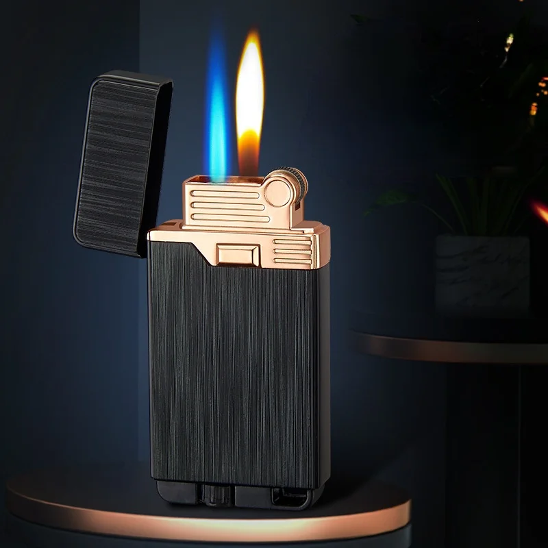 

Personalized Double Fire Metal Classic Grinding Wheel Lights Open Flame Conversion Straight Blue Flame Windproof Lighter Gifts