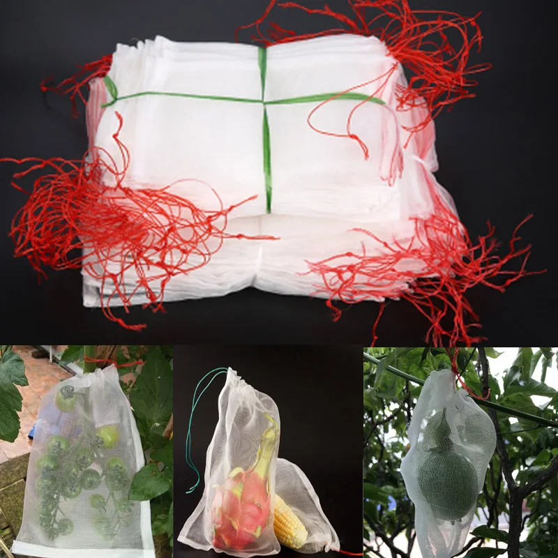 

100PCS Fruit Protection Bags Pest Control Anti-Bird Netting Mesh Bags Vegetable Apple Grapes Drawstring Planter Grow Bag