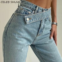 vintage high waist denim jeans woman inclined belt light blue straight leg pants female streetwear chic y2k jeans for woman mom