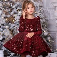 burgundy sequin flower girl dress full sleeves little girl dresses knee length pageant gowns bow puffy first communion dress