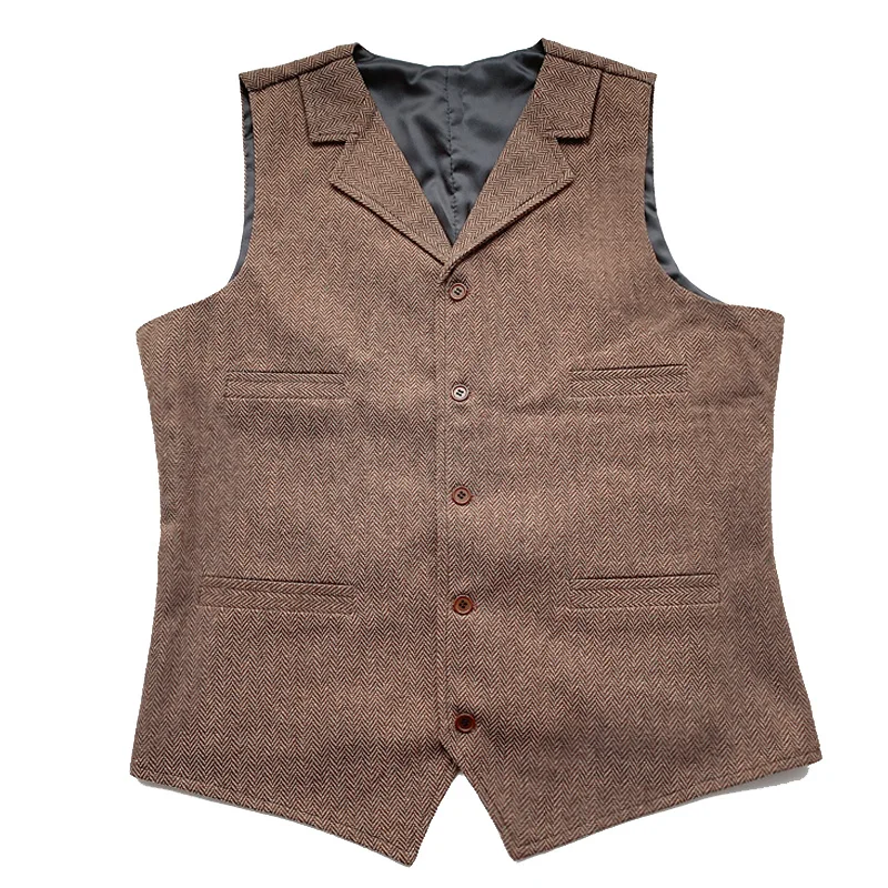 

Men's Suit Vest Brown Wedding Wool Tweed Business Waistcoat Jacket Casual Slim Fit Gilet Homme Vests For Groosmen Man Wedding