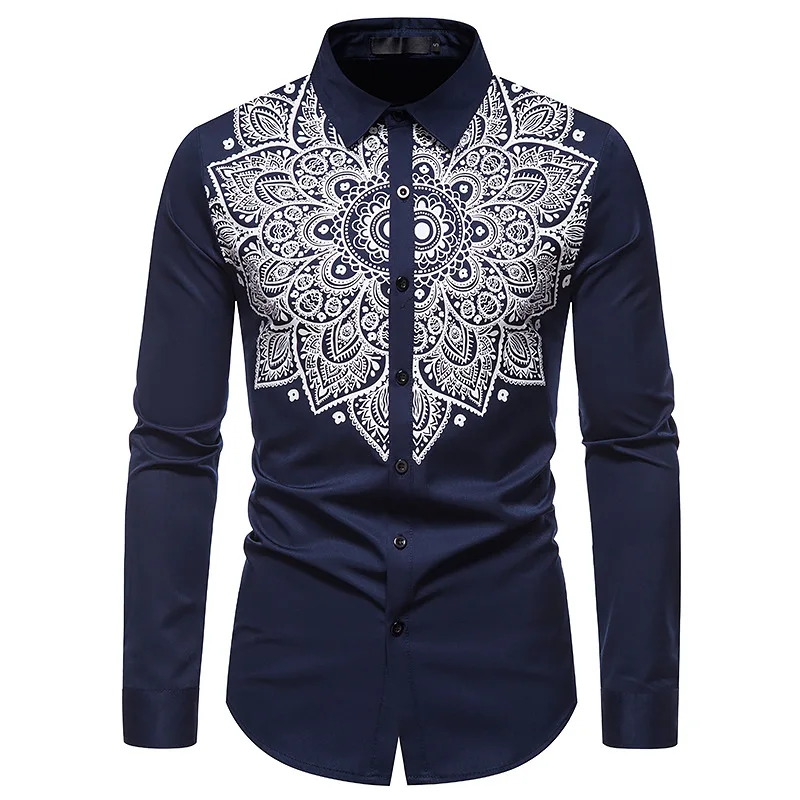 

LUCLESAM 2021 Men African Ethnic Style Printing Dress Shirt Mens Casual Long Sleeve Button Up Shirts Tops camisa masculina