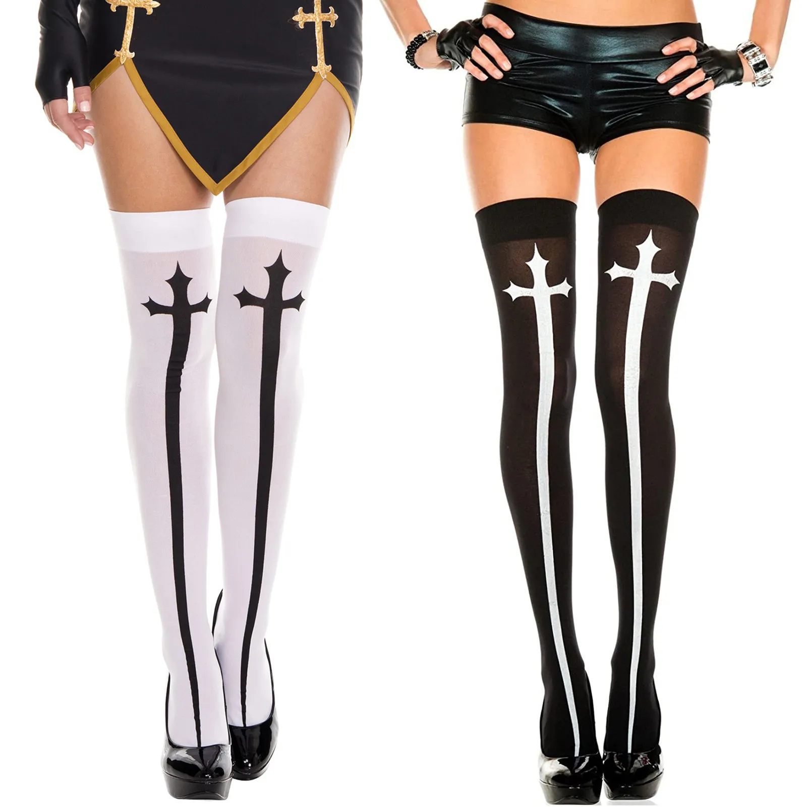 

1 Pair Halloween Cross-Sword Socks For Women Gothic Style Cosplay Knee High Socks Women Black White Cotton Socks skarpetki