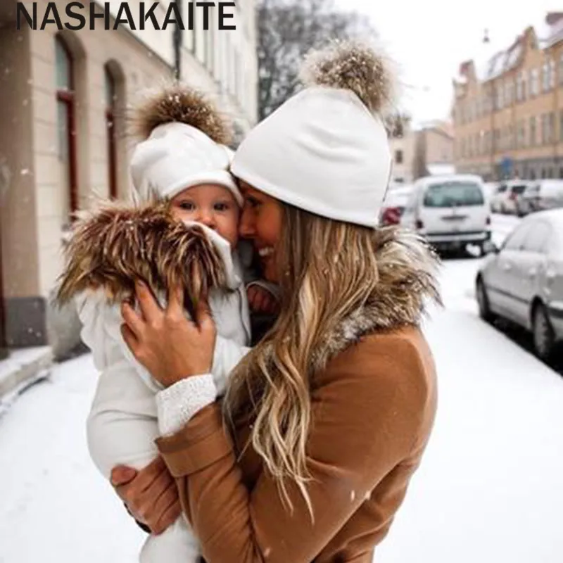 NASHAKAITE шапки для мамы и дочки, 2 шт., осенне-зимние Полосатые Шляпы с помпонами для женщин и маленьких девочек, модная одежда для мамы и дочки