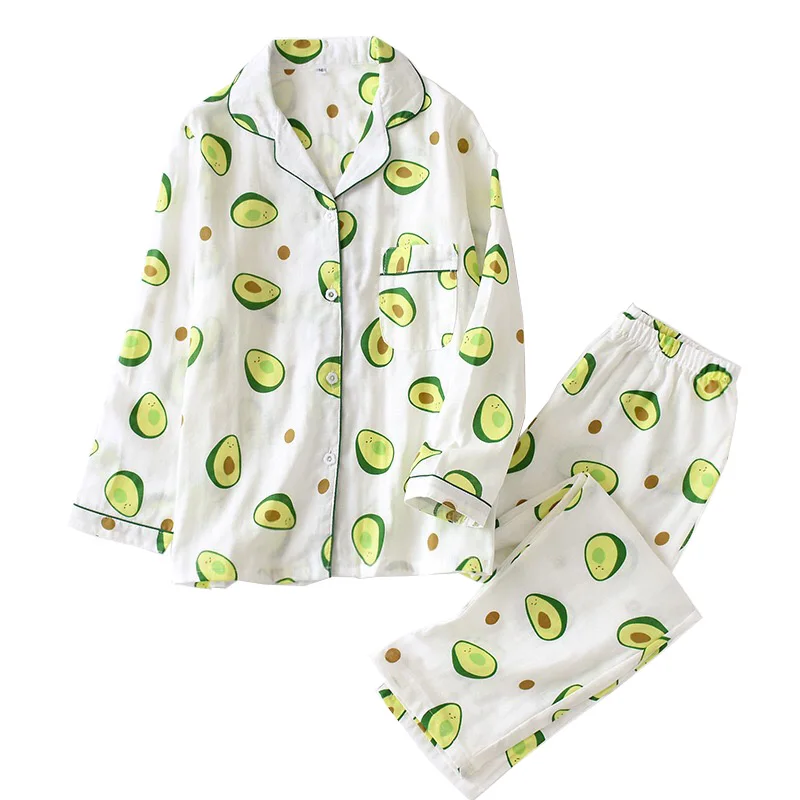 

2021 Ladies Pajamas Set 100% Gauze Cotton Cartoon Avocado Printed 2Pcs Turn-down Neck Shirt+Pants Comfort Fresh And Nature Women