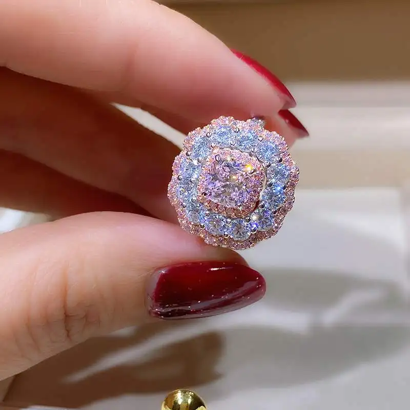 

Color Separation Electroplated Sterling Silver Ornament Ring Women's Light Luxury Gem Decorative Tide Zircon Yellow Diamond Pink
