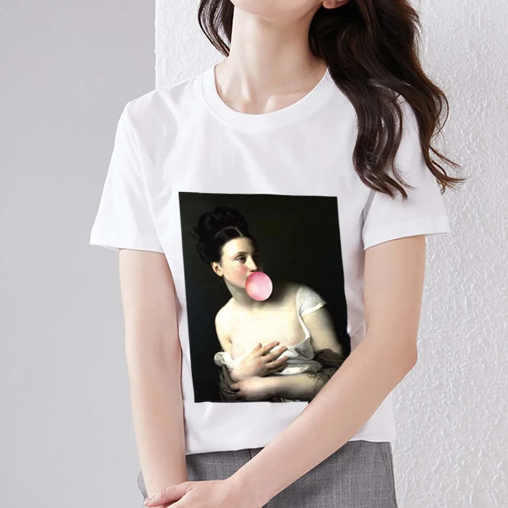 

T-shirt Women's Clothing Casual Basic Tops Retro Funny Art Pattern Printing Series Round Neck Commuter Slim White Short Sleeves
