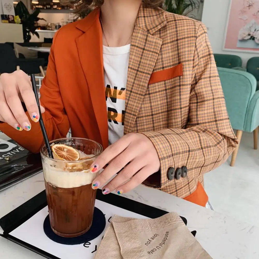 Женский блейзер в клетку оранжевый клетчатый Блейзер контрастных цветов стиле