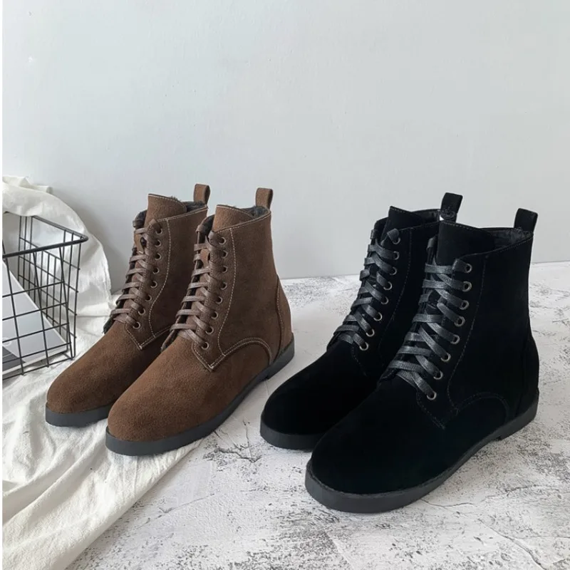 

2021 New Autumn Winter Flat Heels Woman Ankle Boots Non Slip Round Toe Booties Fashion Lace Up Shoes Warm Fur Female Solid Boots