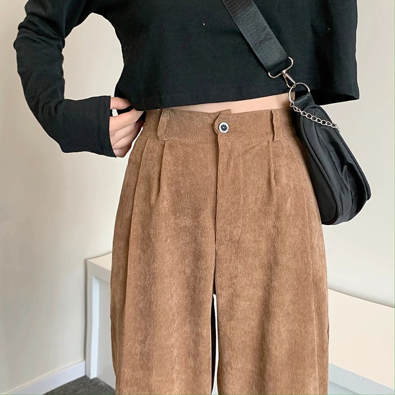

Pants Women Chic Lovely Vintage Corduroy Fall Spring College Girls Wide-leg Trousers Ulzzang Popular High Waist Femme Bottom New
