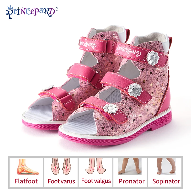 

PRINCEPARD 2019 Summer genuine leather pink orthopedic kids shoes boys sandals shoes baby high ankle flat foot shoes
